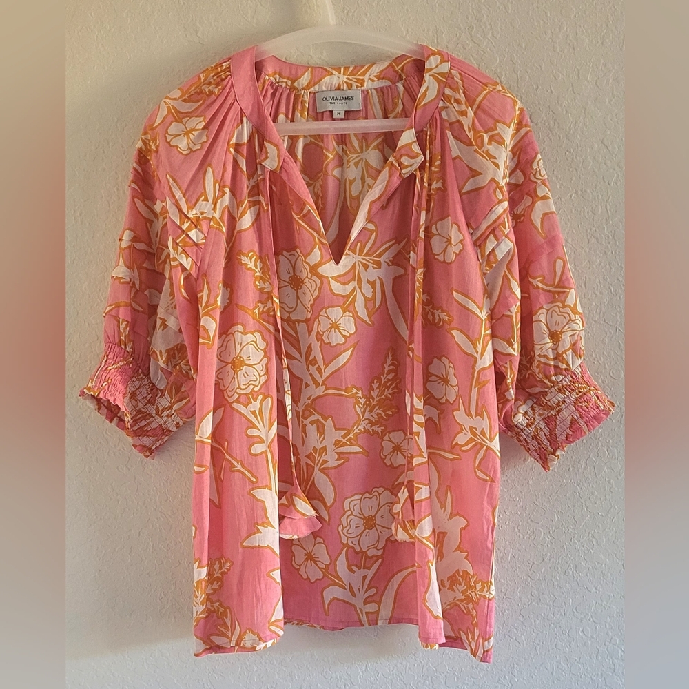 Olivia James Tunic Top. Sz. M. Floral Pink. Ballon Sleeve.